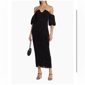 LELA ROSE Black Plissé Off-The-Shoulder Dress